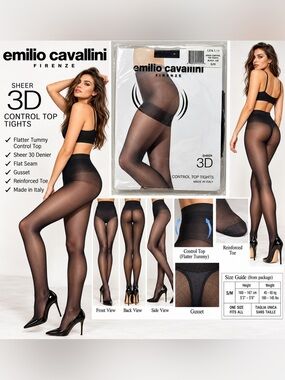 Emilio Cavallini 3D Sheer Control Top Tights Black 30 Den S/M Made in Italy